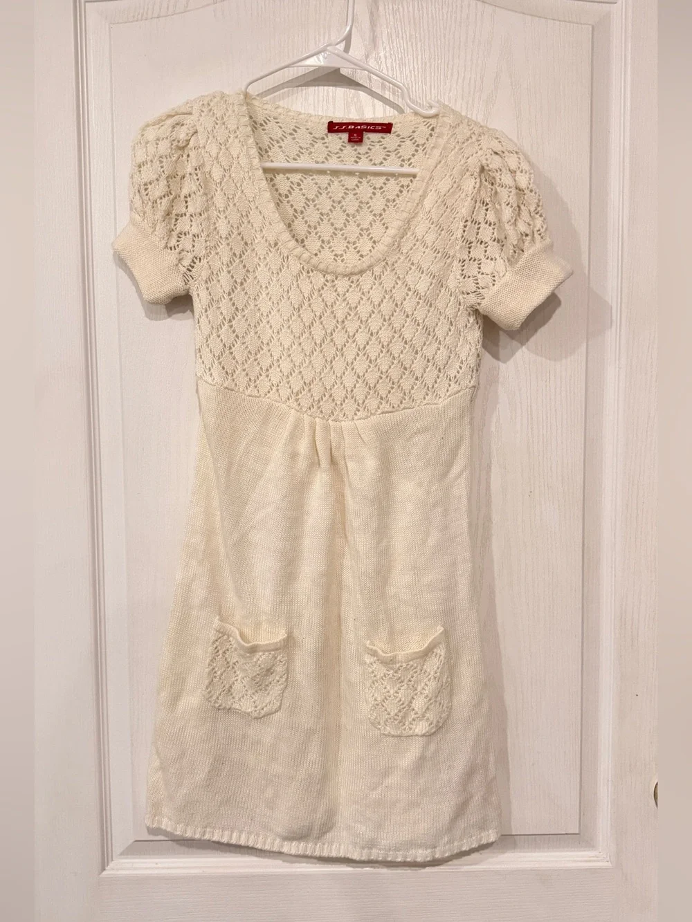 JJ Basics  Cream Knit Lace-Yoke Casual Dress